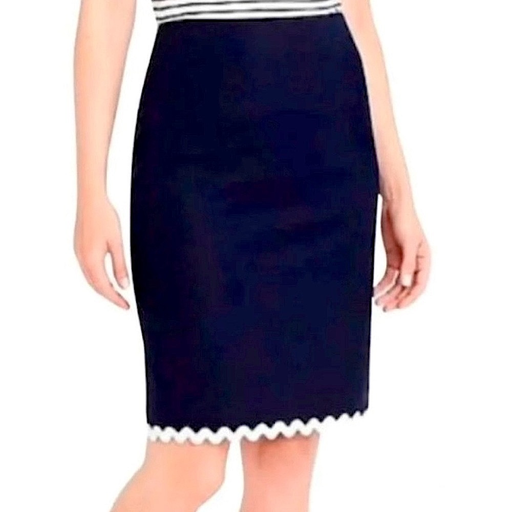 NWT J.Crew Navy Pencil Skirt with White Ricrac Hem, Size 14